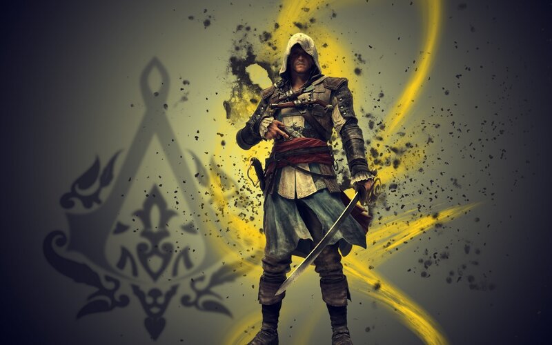 Assassin Holding Sword — Yellow, Dramatic, Digital Art