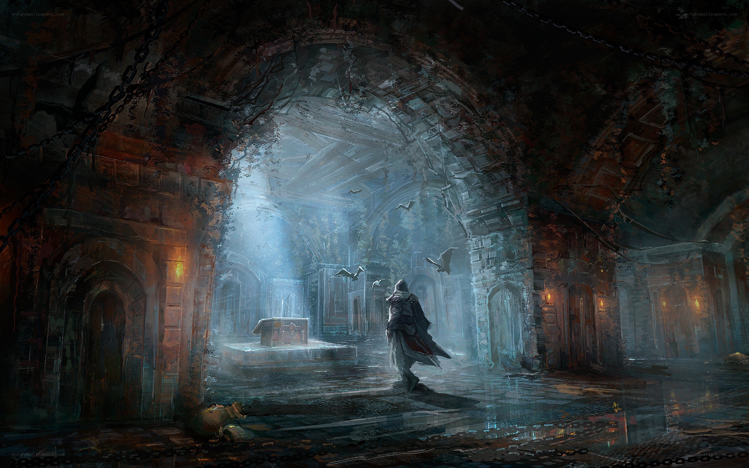Assassin in a ruined cathedral
