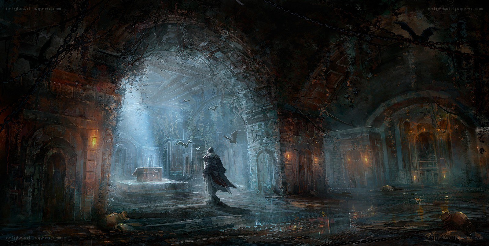 Assassin in a ruined cathedral