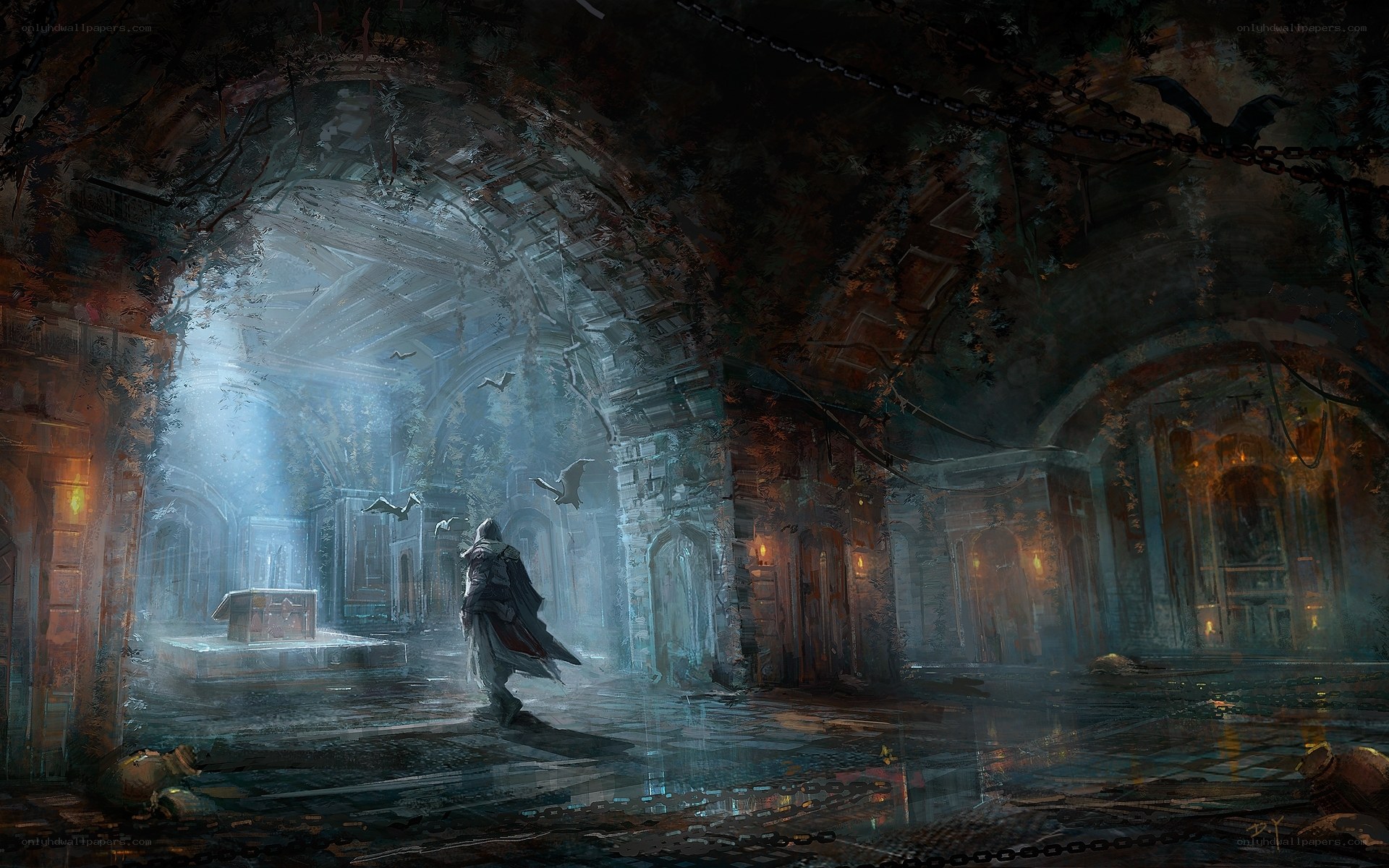 Assassin in a ruined cathedral