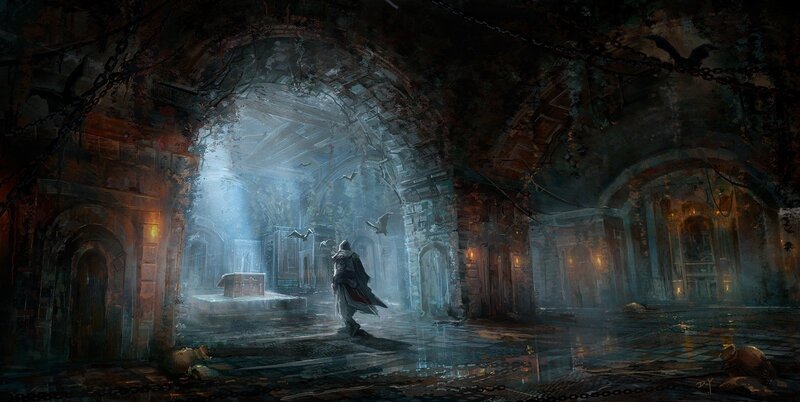 Assassin in Ancient Ruin — Gray, Dramatic, Mysterious, Night