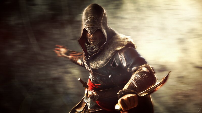 Assassin in Hooded Cloak — Black, Dramatic, Digital Art, Sword