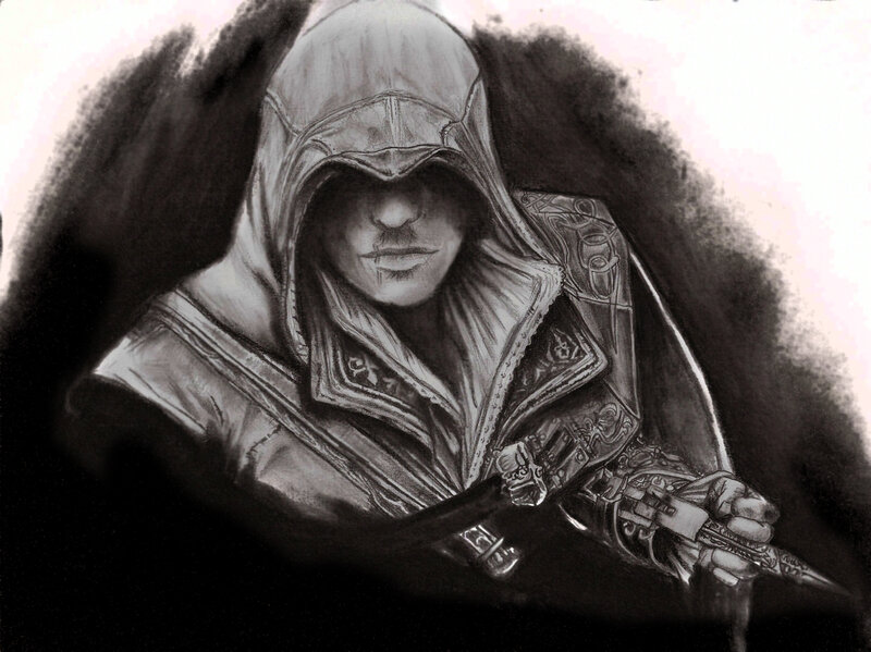 Assassin in Hooded Cloak — Black, Dramatic, Illustration