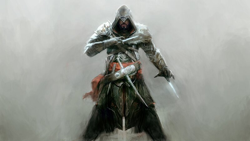 Assassin in Hooded Cloak — Gray, Dramatic, Digital Art, Dual Blades, Armor