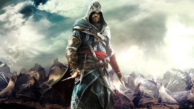 Assassin in Hooded Cloak — Green, Dramatic, Digital Art, Mountains, Clouds