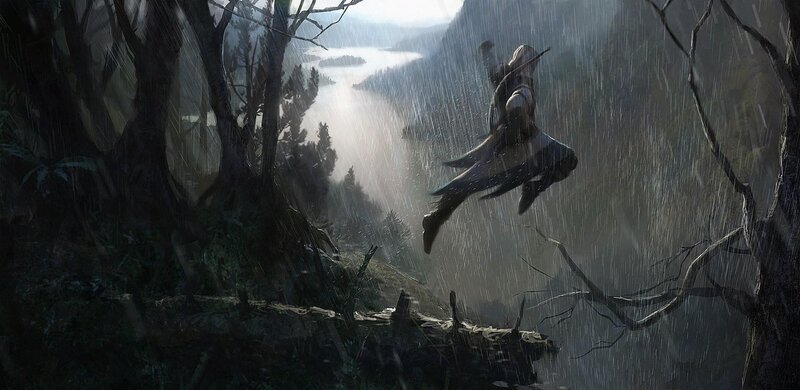 Assassin in Mid-air — Gray, Dramatic, Digital Art