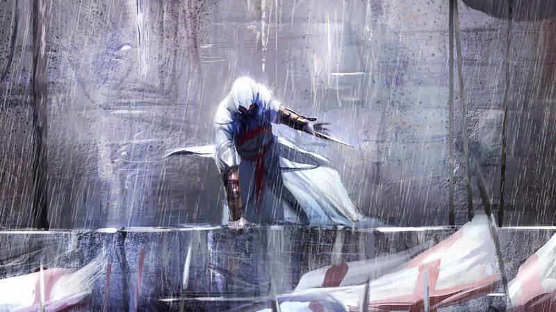 Assassin in Rain — White, Dramatic, Digital Art, Sword