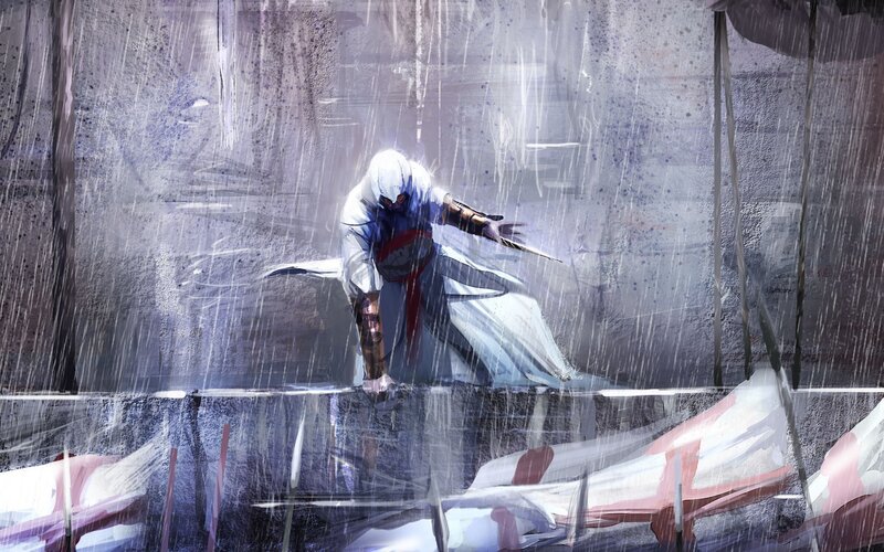 Assassin in Rain — White, Dramatic, Night, Digital Art, Sword, Rooftop