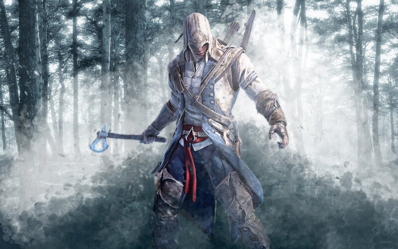 Assassin in Snowy Forest — White, Dramatic, Winter, Digital Art, Axe