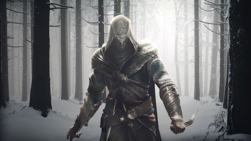 Assassin in Snowy Forest — White, Dramatic, Winter, Digital Art, Snow