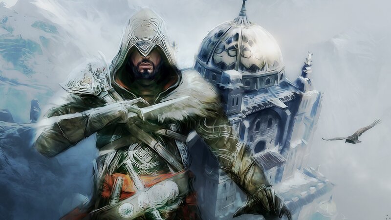 Assassin in Snowy Landscape — White, Dramatic, Winter, Digital Art, Building