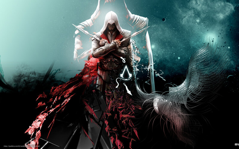 Assassin in White Hood — Black, Dramatic, Digital Art, Red Shrapnel