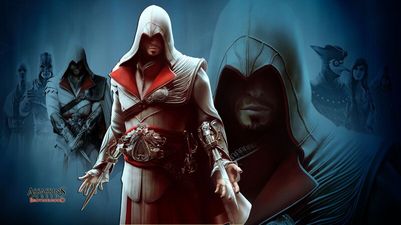 Assassin in White Hood — Blue, Dramatic, Digital Art