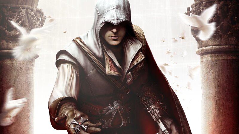 Assassin in White Hood — Dramatic, Digital Art, Doves, Columns
