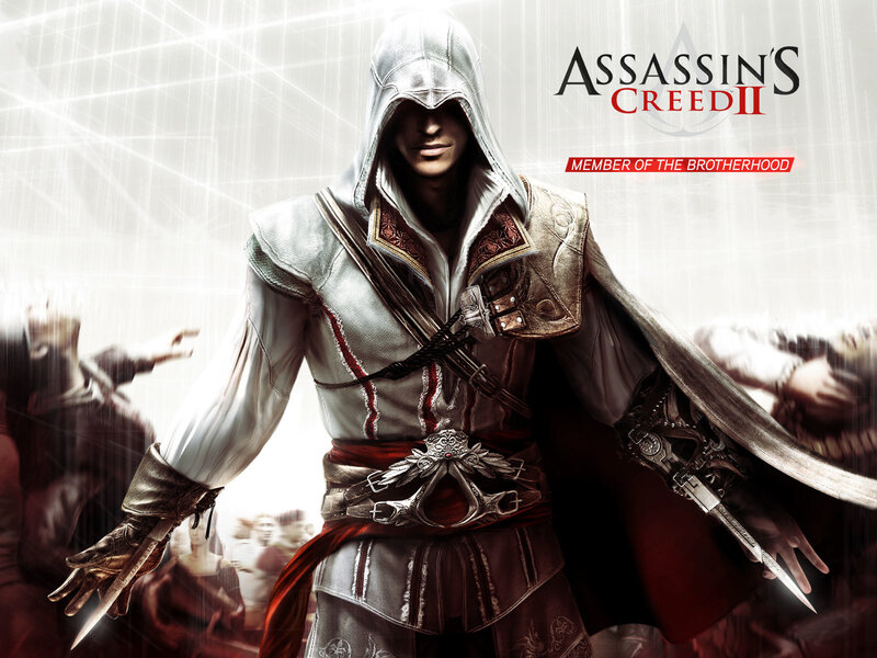Assassin in White Hood — Dramatic, Digital Art, Hooded Cloak, Hidden Blades, Crowd, Brown