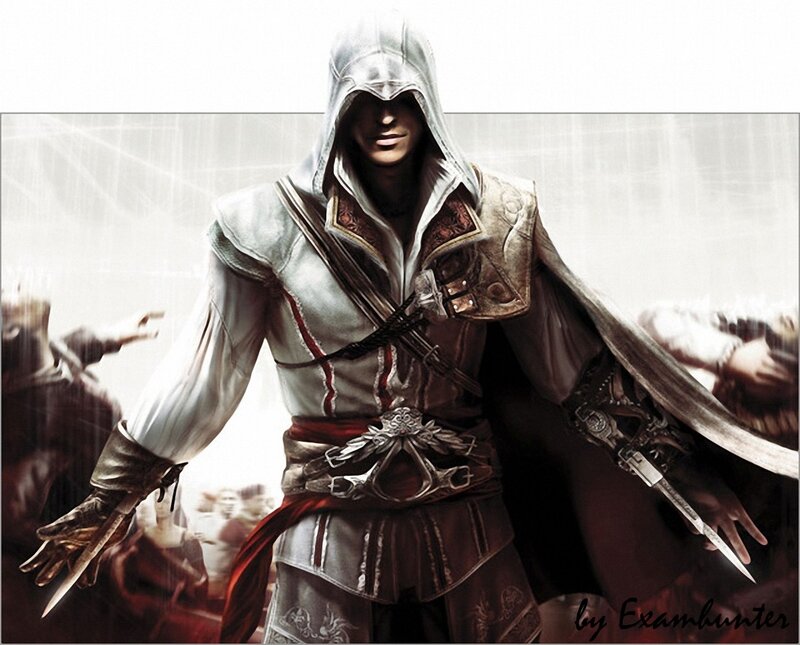 Assassin in White Hood — Dramatic, Digital Art, Hooded Cloak, Hidden Blades, Crowd