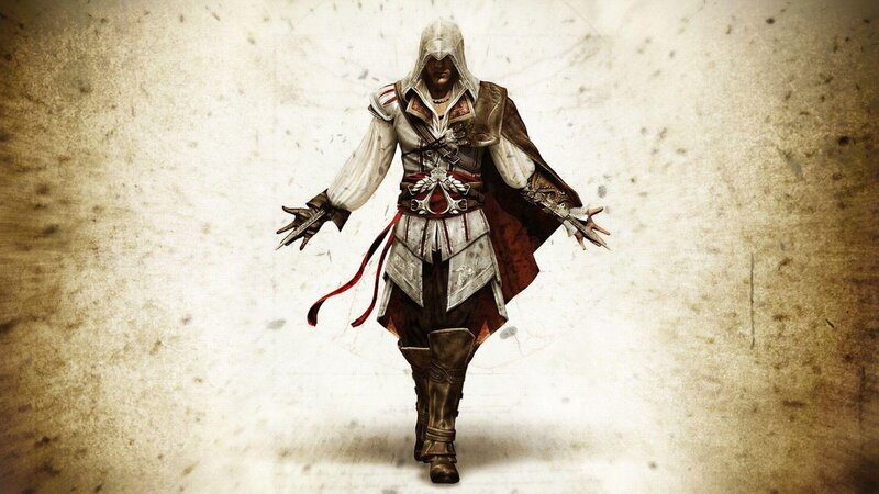 Assassin in White Hood — Dramatic, Digital Art, Hooded Cloak, Hidden Blades, Red Sash