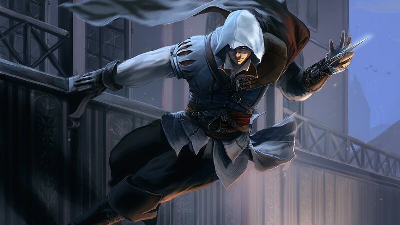Assassin in White Hood — Dramatic, Night, Digital Art, Sword, Building