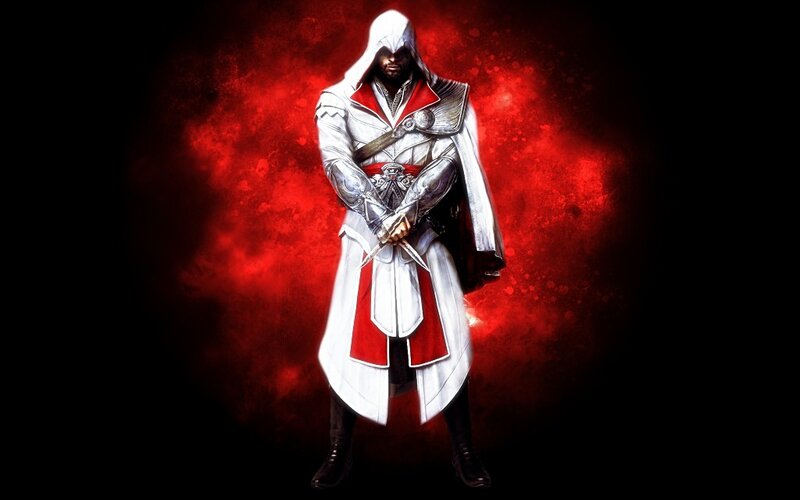 Assassin in White Robe — Dramatic, Digital Art, Red Background
