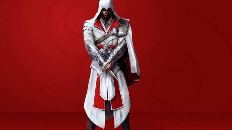 Assassin in White Robe — Red, Dramatic, Digital Art