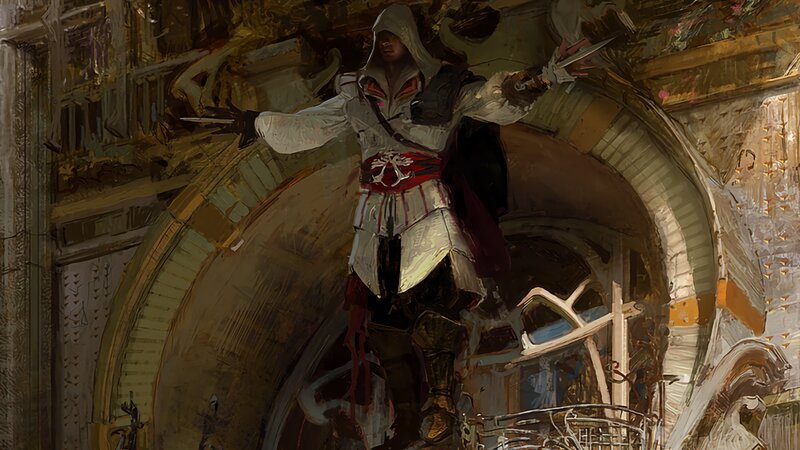 Assassin in White Robes — Dramatic, Digital Art, Hooded Cloak, Dagger