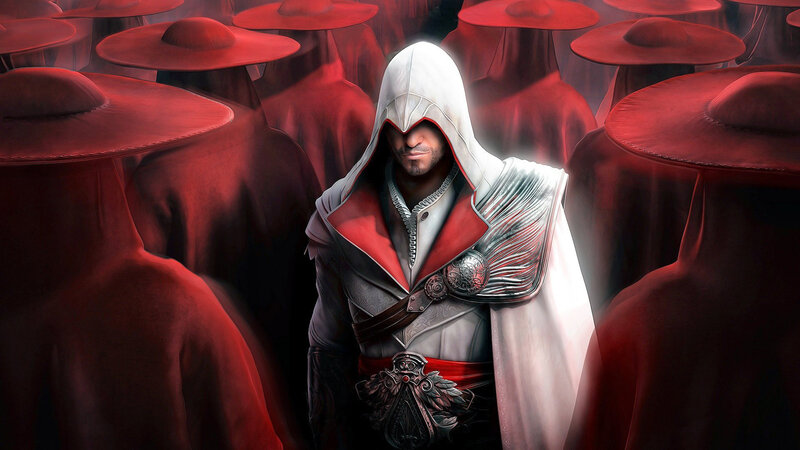 Assassin in White Robes — Dramatic, Digital Art, Red-hatted Figures