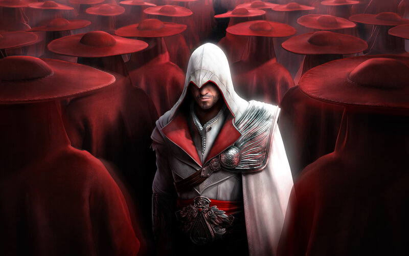 Assassin in White Robes — Dramatic, Digital Art, Red-hooded Figures, Hooded Cloak