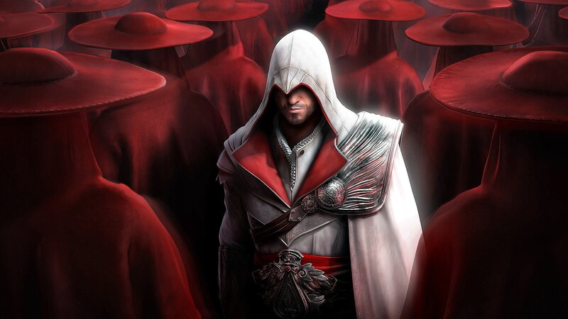 Assassin in White Robes — Dramatic, Digital Art, Red-hooded Figures