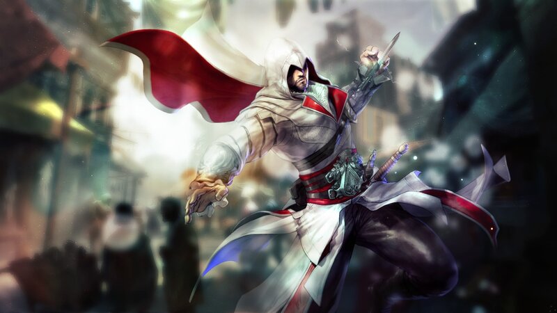 Assassin in White Robes — Dramatic, Digital Art, Sword, City