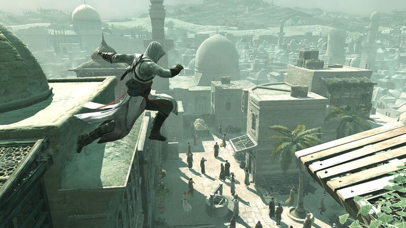 Assassin Leaping Between Rooftops — Gray