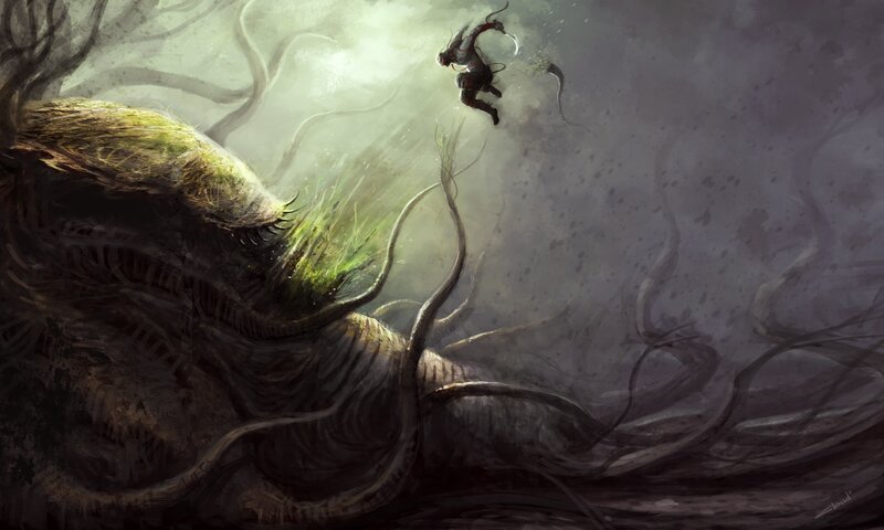 assassin leaps from monster