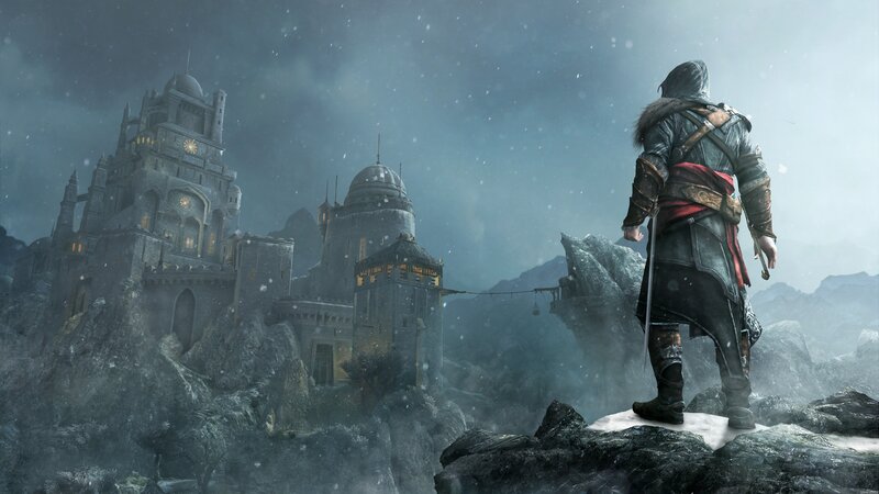 Assassin Looking at Castle — Gray, Dramatic