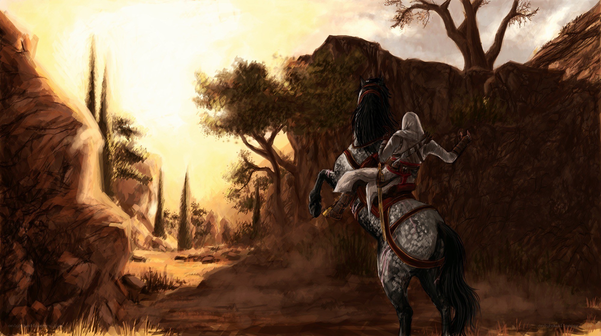 Assassin on a horse at sunset