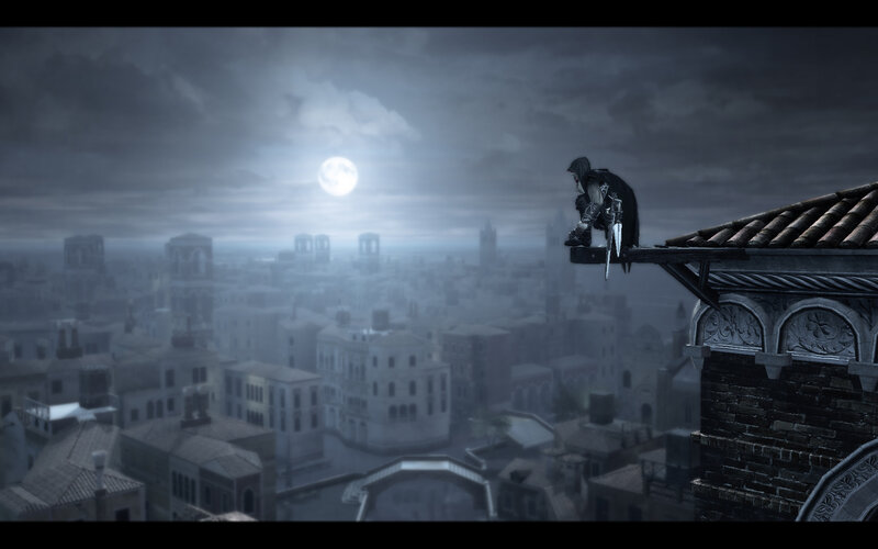 Assassin on a rooftop at night