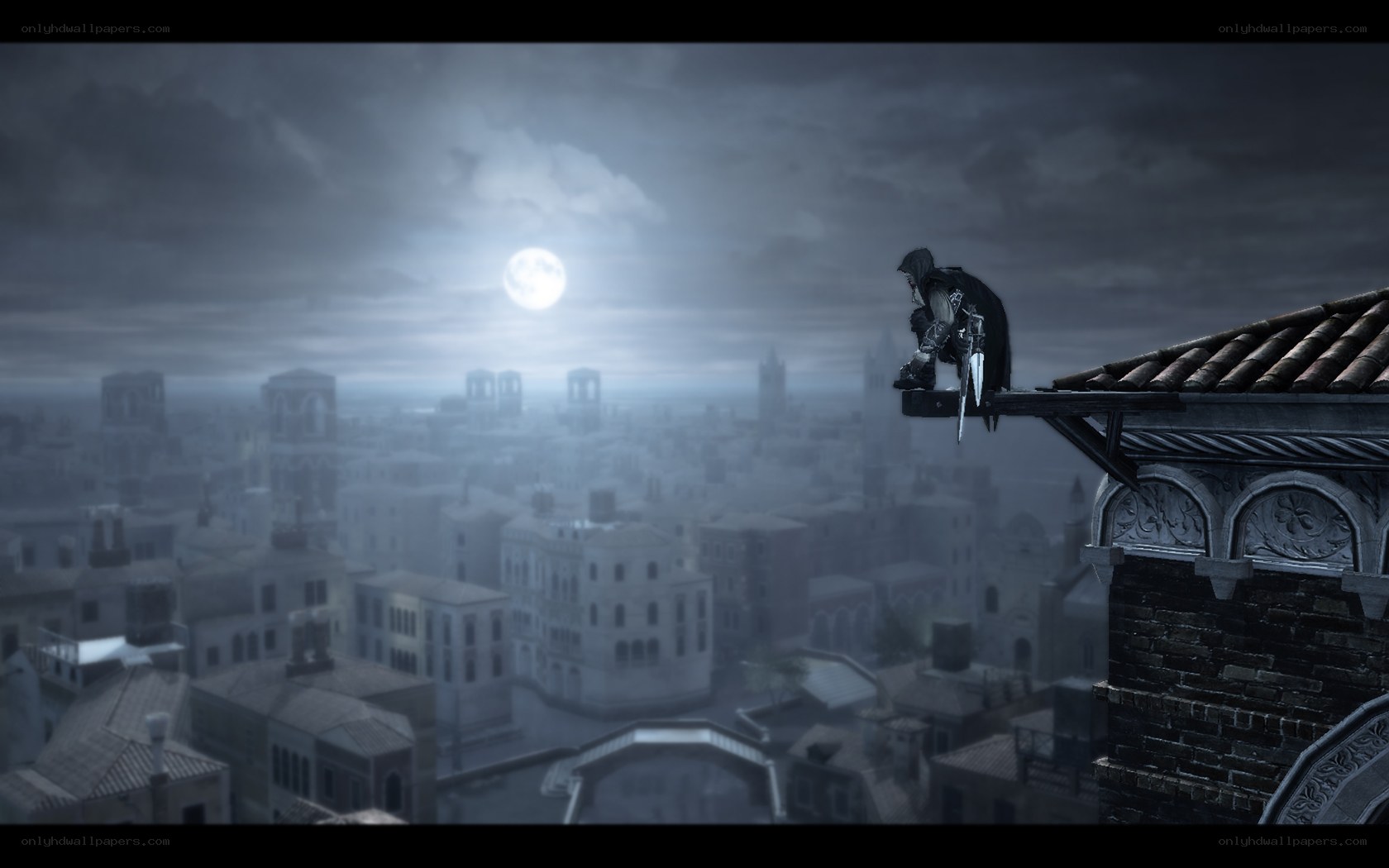 Assassin on a rooftop at night