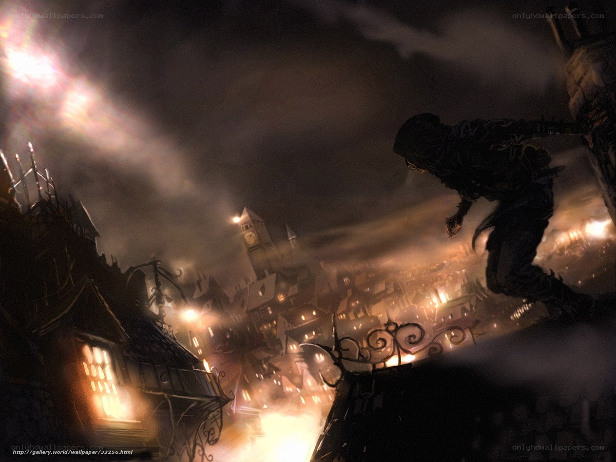 Assassin on a rooftop at night