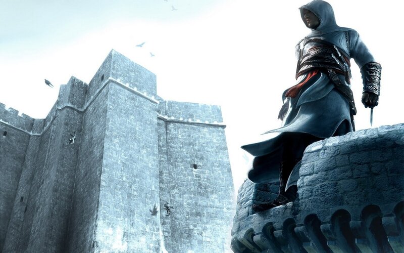 Assassin on Castle Wall — Gray, Dramatic, 3d Render, Birds, Hooded Cloak