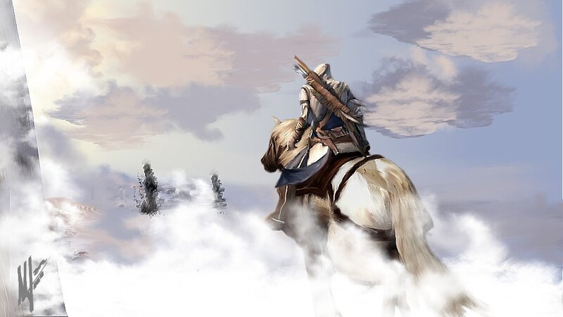 assassin on horseback in clouds