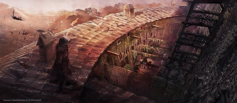Assassin on Rooftop — Brown, Dramatic, Sunset, Digital Art