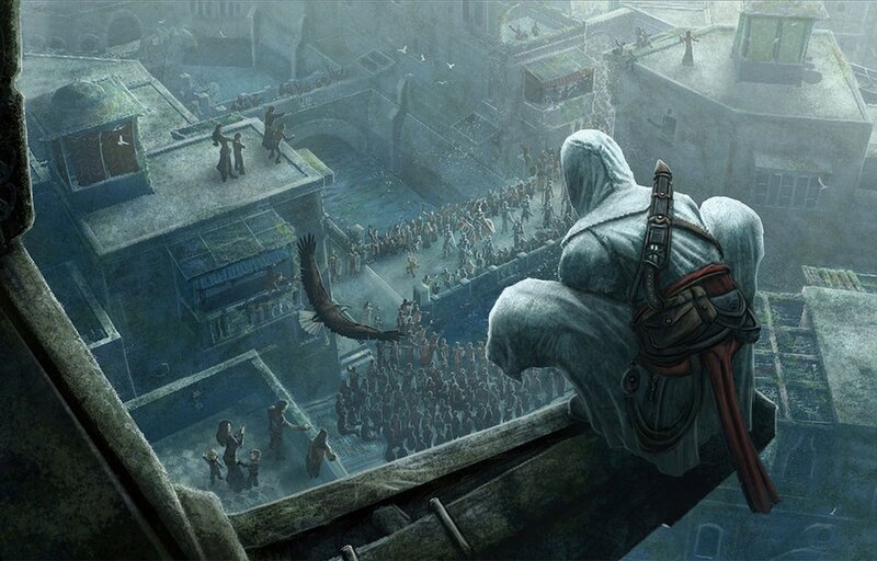 Assassin on Rooftop — Gray, Dramatic, Morning, Digital Art, Crowd, Bird, City, Blue