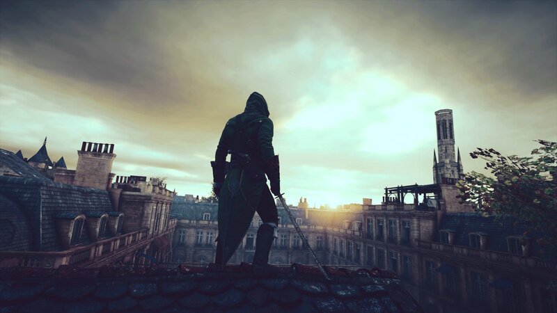 Assassin on Rooftop — Gray, Dramatic, Sunset, 3d Render