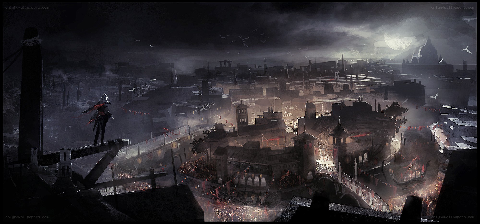 Assassin overlooking a city at night