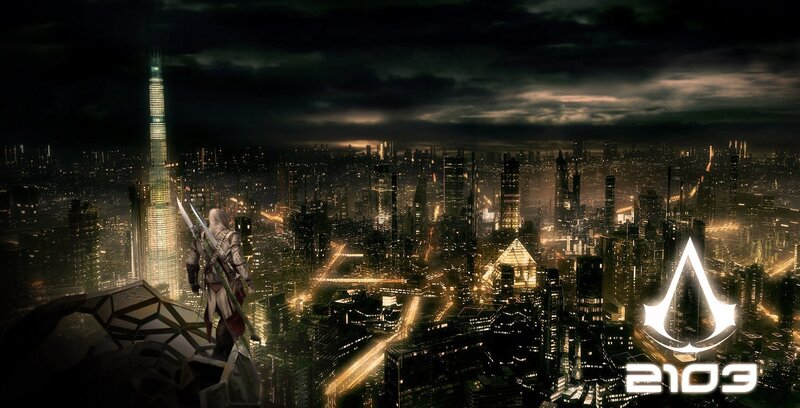 Assassin Overlooking City — Black, Dramatic
