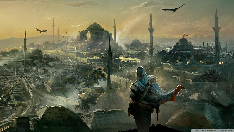 Assassin Overlooking City — Brown, Dramatic, Sunset, Digital Art, Cityscape