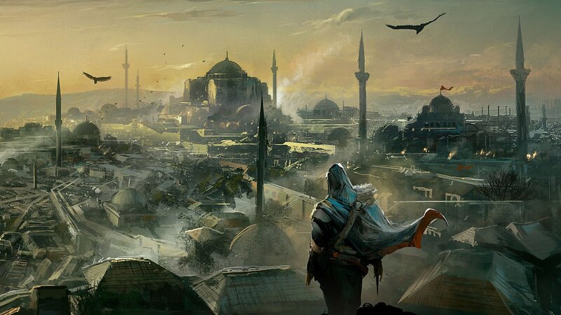 Assassin Overlooking City — Brown, Dramatic, Sunset