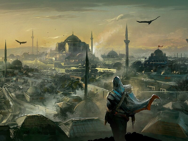 Assassin Overlooking City — Brown, Dramatic