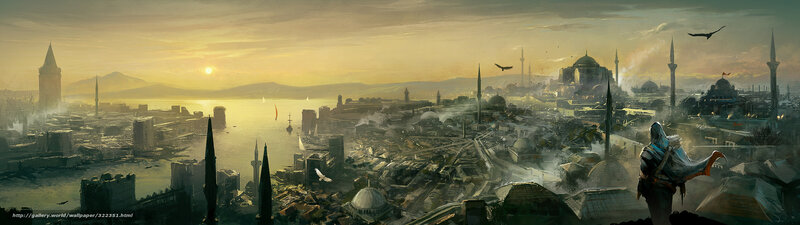 Assassin Overlooking City — Gold, Dramatic