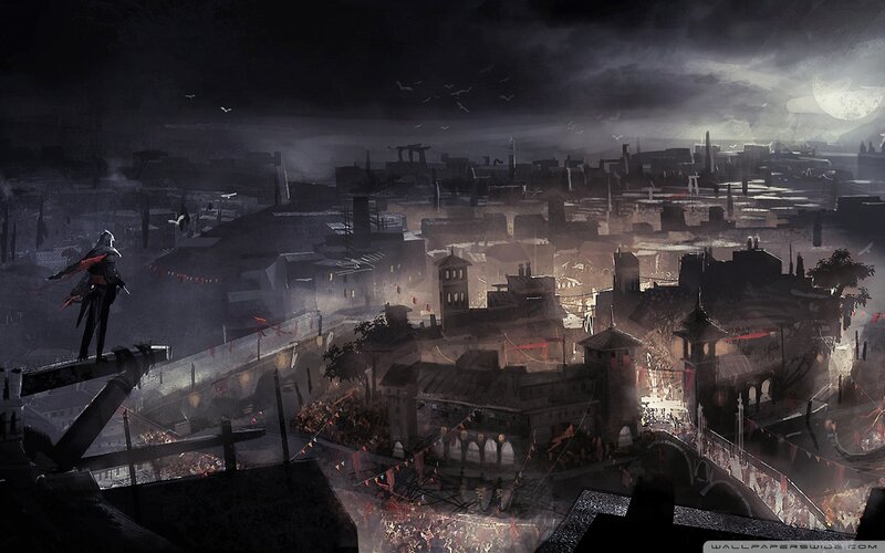Assassin Overlooking City — Gray, Dramatic, Night
