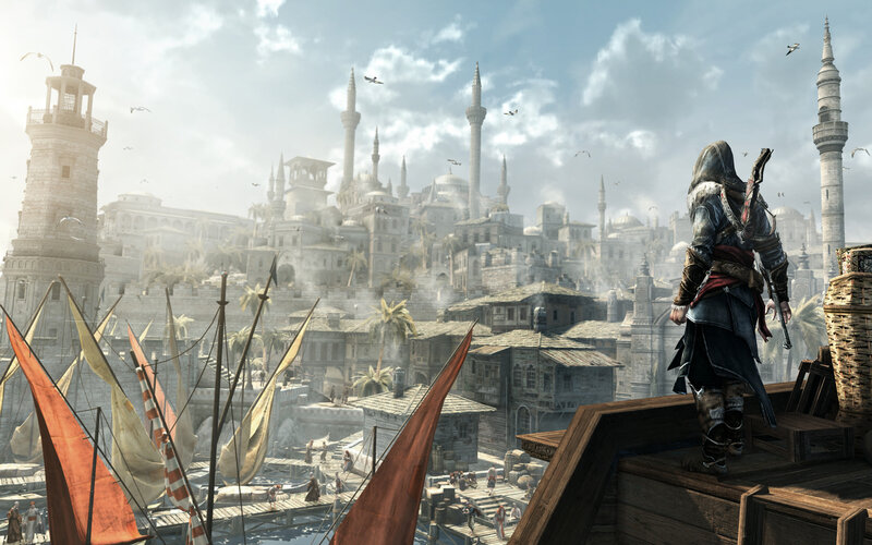Assassin Overlooking City — Gray, Dramatic