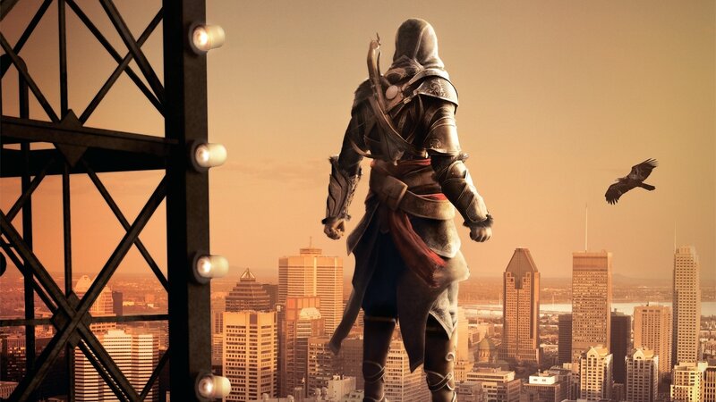 Assassin Overlooking City — Orange, Dramatic, Sunset
